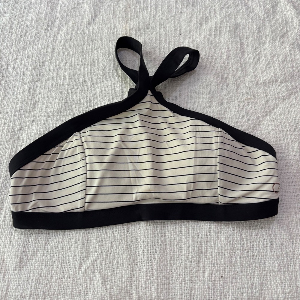 CALIA by Carrie Underwood Striped High Neck Halter Bikini Top Black White Small